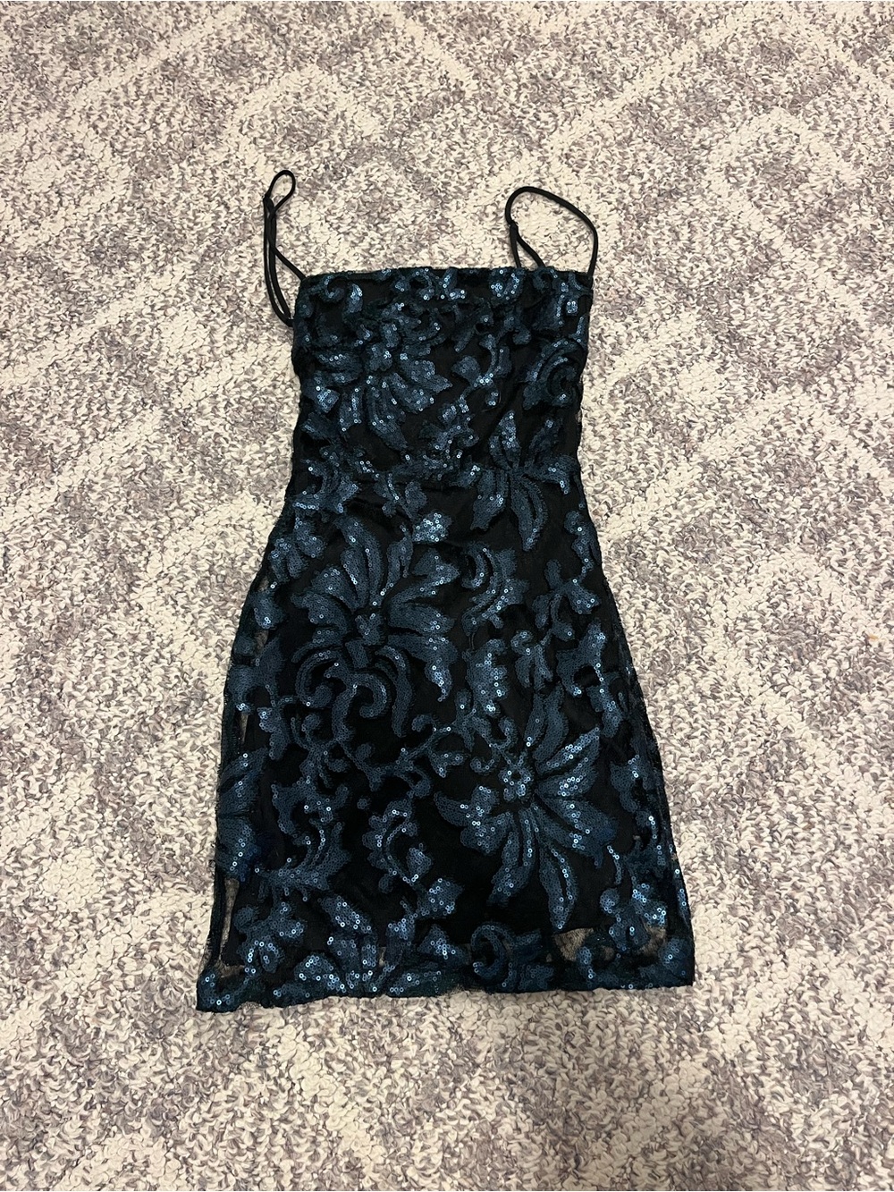 Lucy in the Sky Black Mini Dress with Blue Sequin Floral Overlay